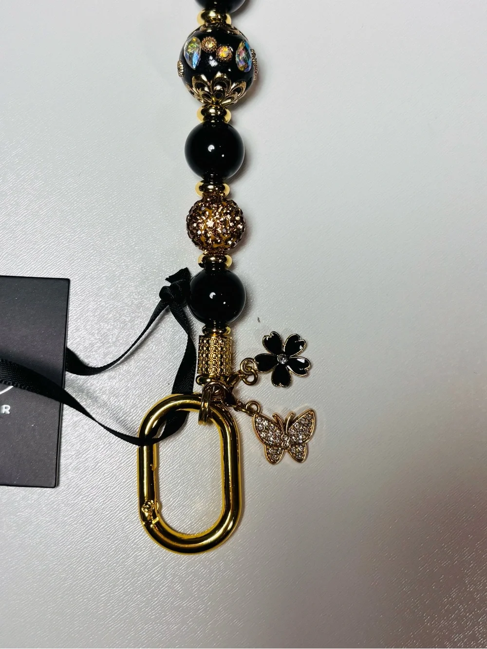 LD Keyfinder Golden Petunia Black Obsidian Gemstone Beaded Key Finder Bag Charm